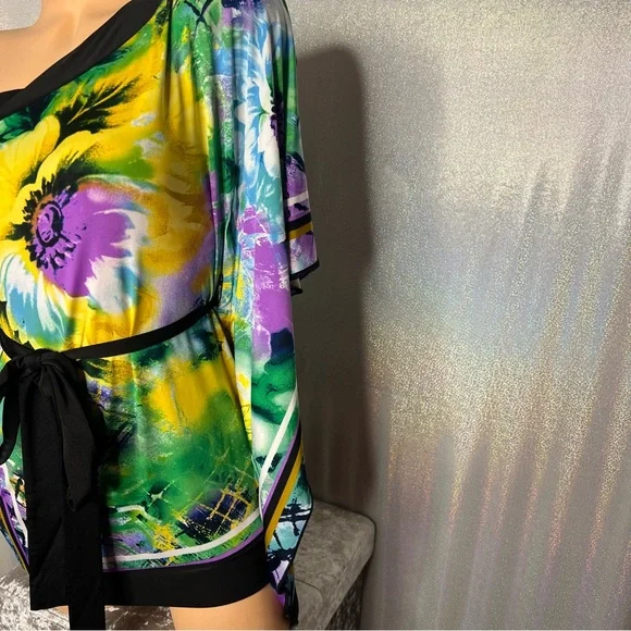 Entry blouse tie at waist one shoulder bay wing belted open shoulder floral top - Picture 12 of 13